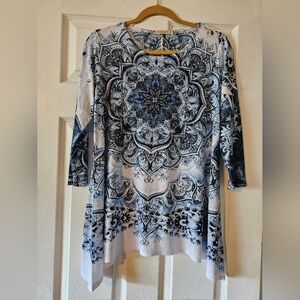 Blue and White Asymmetrical Graphic Blouse - Petite Small